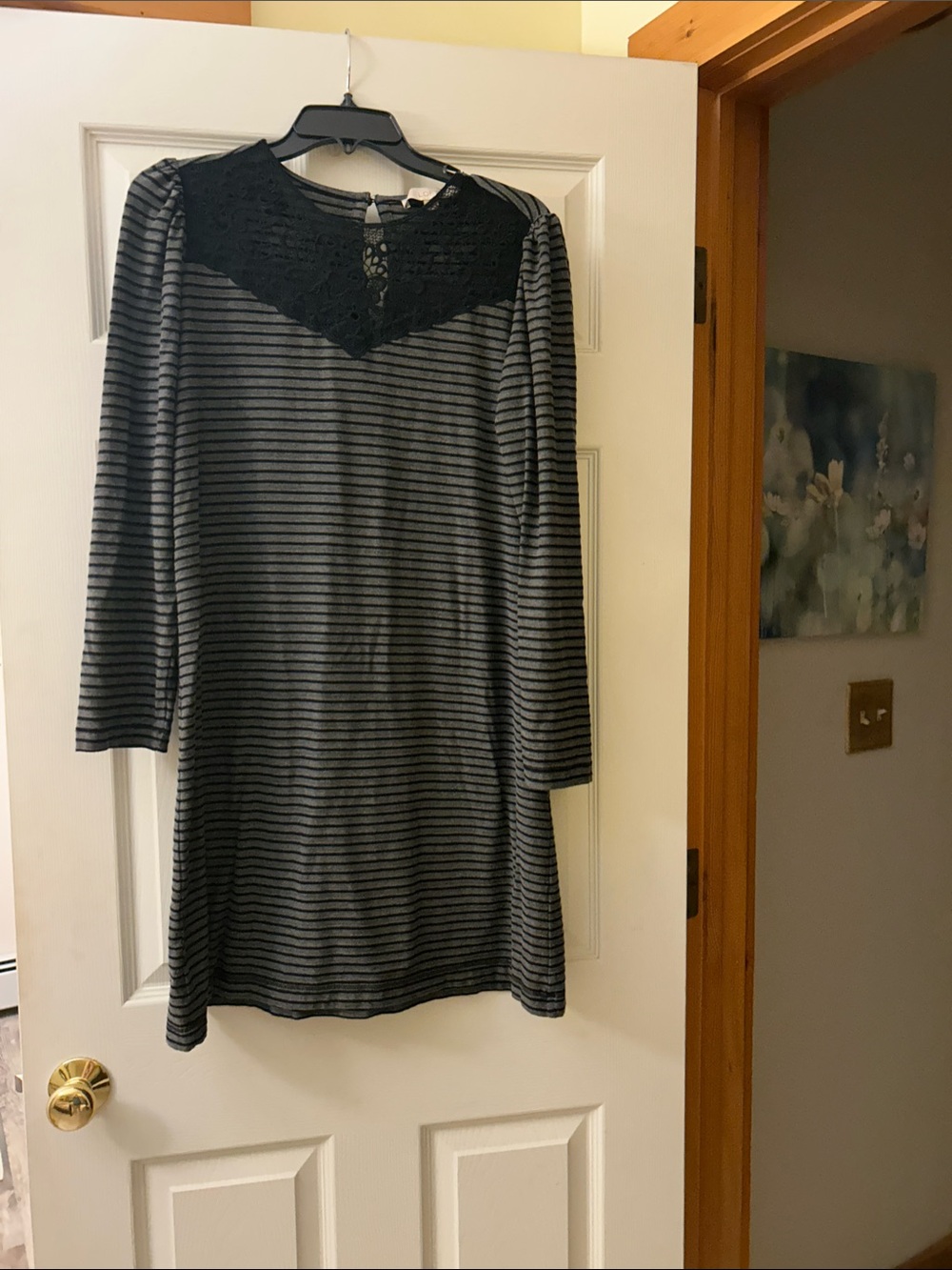 LOFT Black and Gray Striped Lace-Yoke Long Sleeve Dress